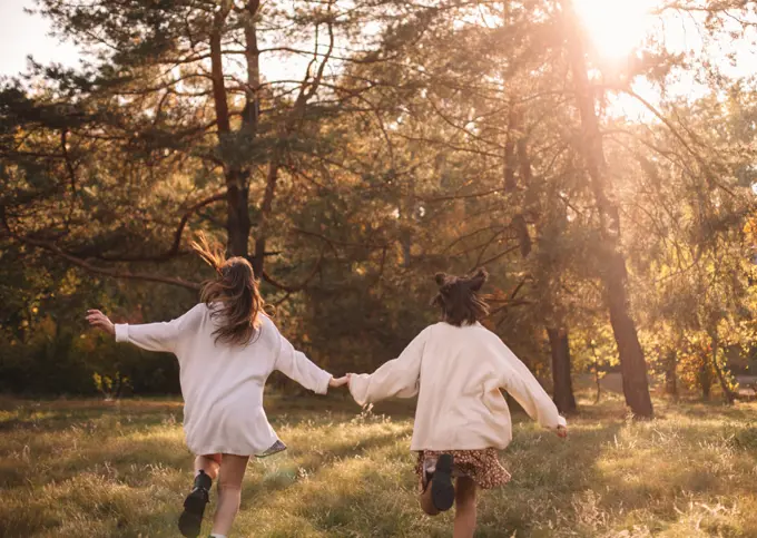 Back view of two teenage girls holding hands while running in forest