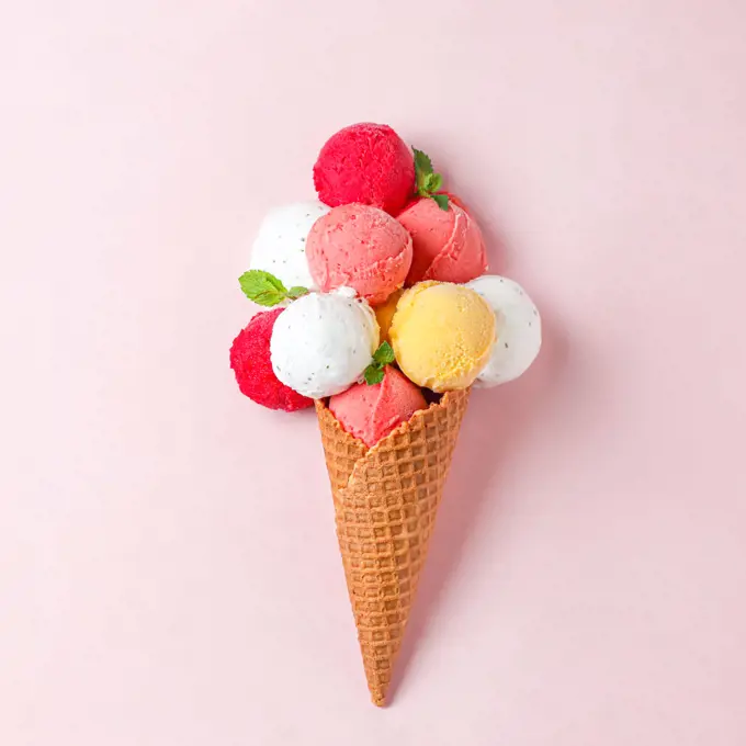 summer food ice cream cone with a lot of pink balls