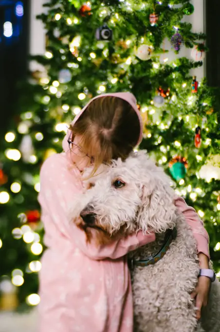 Girl hugs golden doodle dog in front of Christmas tree with ornaments