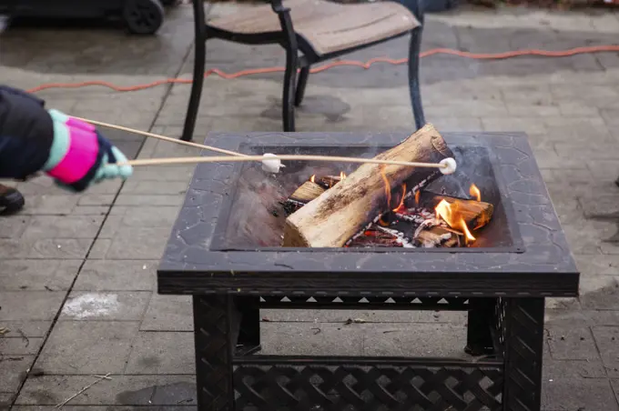 close-up of two children roasting marshmallows in winter over fire pit