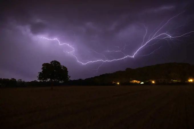 Lightning at night at Espejo, Alava, Spain