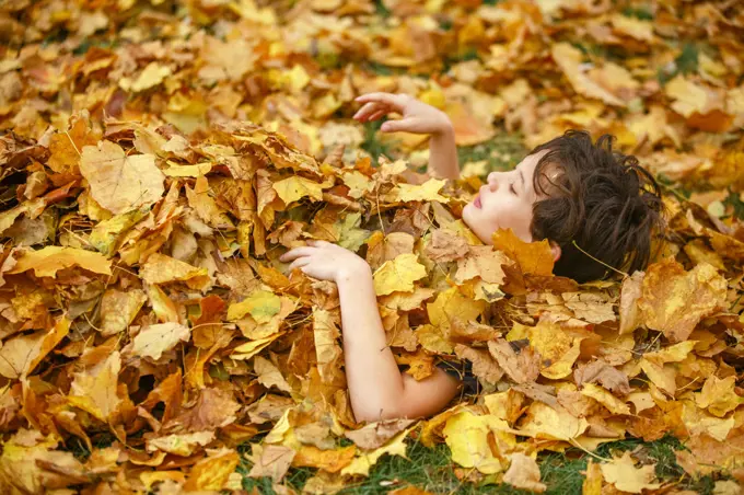 A boy buries himself up to neck in leaf pile