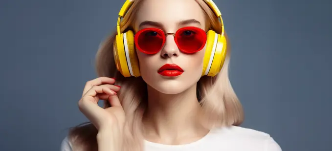 Image Generated AI. Blonde carefree girl listening music on headphones