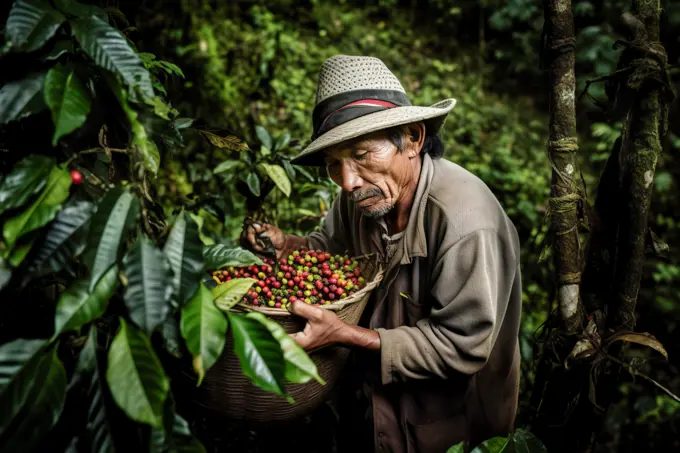 Farmer harvesting fresh coffee beans. Generative AI