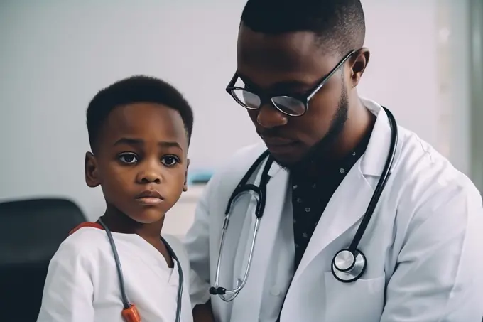 Pediatrician doctor examining a child. Generative AI
