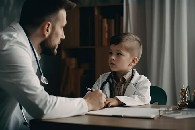 Father doctor teaching his son the work of a doctor