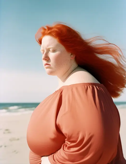 AI Generative. European redhaired plus size woman at the beach