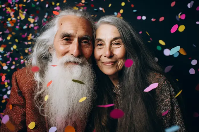 Generative AI. Portrait of a senior couple celebrating in studio