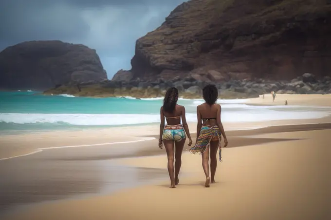 Two Afro women in bikinis walking along the seashore.AI Generative