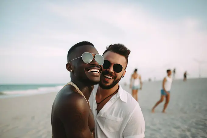 Smiling homosexual multiethnic couple on the beach. AI Generative