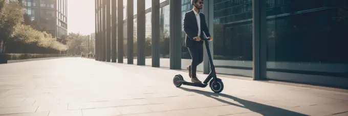 Business man riding electric scooter on road in city. Generative AI.