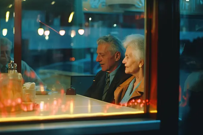 An Elderly Couple's Coffee Date at a Neon-lit Bar. Generative AI