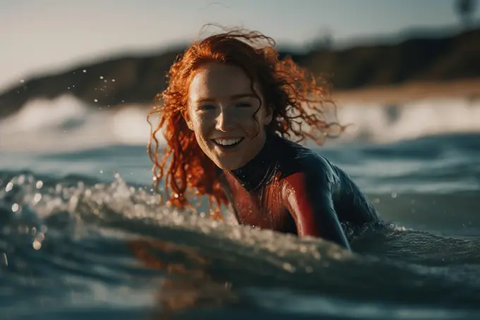 Woman surfing with a smile on her face. Generative AI