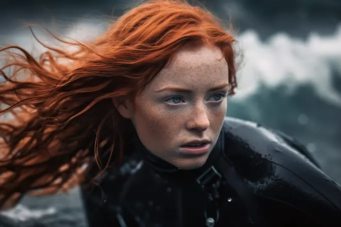 Red-haired woman wearing a wet suit. Generative AI