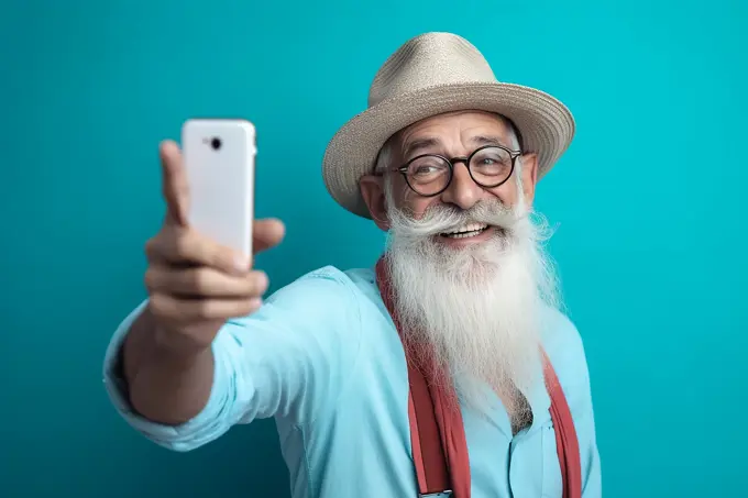 Cheerful elderly man taking selfie on smartphone. Generative AI