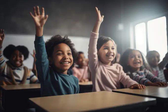 Multiracial happy students rising hands in class. Generative AI.