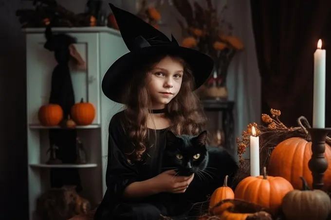 Caucasian girl in witch costume with her cat at home. Generative AI.