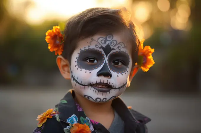 Mexican boy with sugar skull make-up for Day of Dead. Generative AI.