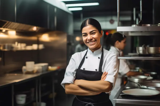 Portrait of latin female chef at restaurant kitchen. Generative AI.
