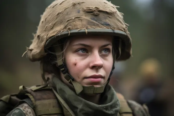 Caucasian female soldier at the battlefield. Generative AI.