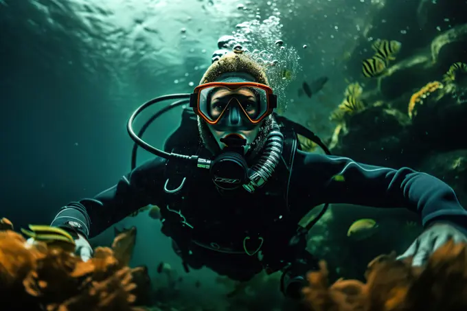 Diver in deep. Underwater. Generative AI