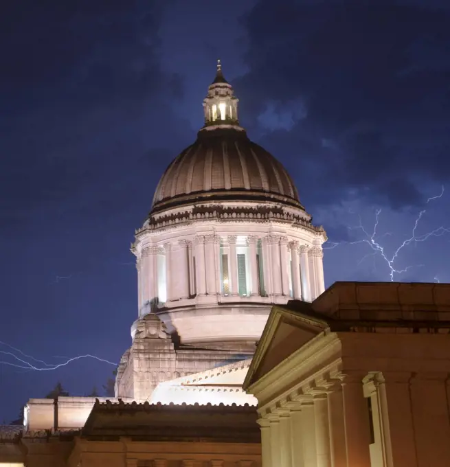 The Government Building in Olympia stands tall during a thunderstorm and inclement weather