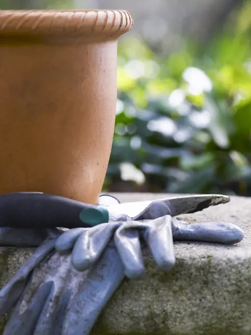 Terracotta pot, spade and garden gloves ready for gardening