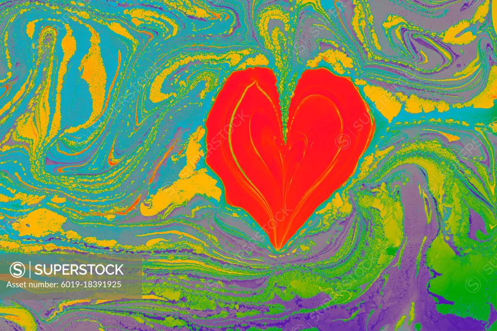 Ebru  marbling  background with heart shape. Unique art  Liquid
