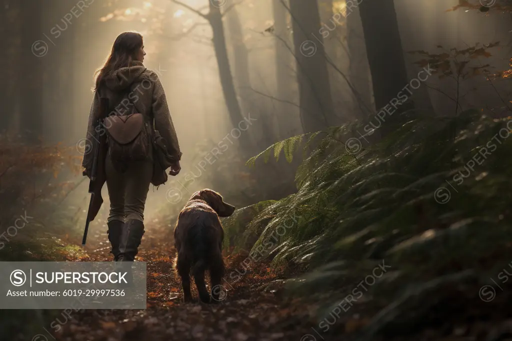A female hunter walking through the woods with her dog