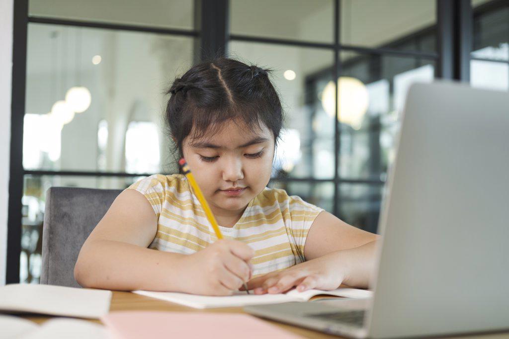 Girl children using laptop computer, studying through online.