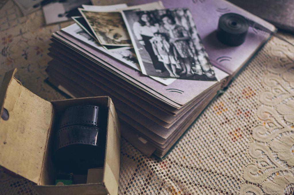 Vintage photo album, retro photos and old black-white films