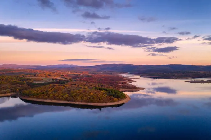 Drone aerial panoramic view of Sabugal Dam lake reservoir in Portugal