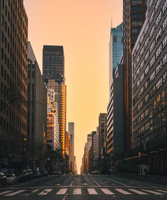 New York City street view Sumer sun sky orange yellow