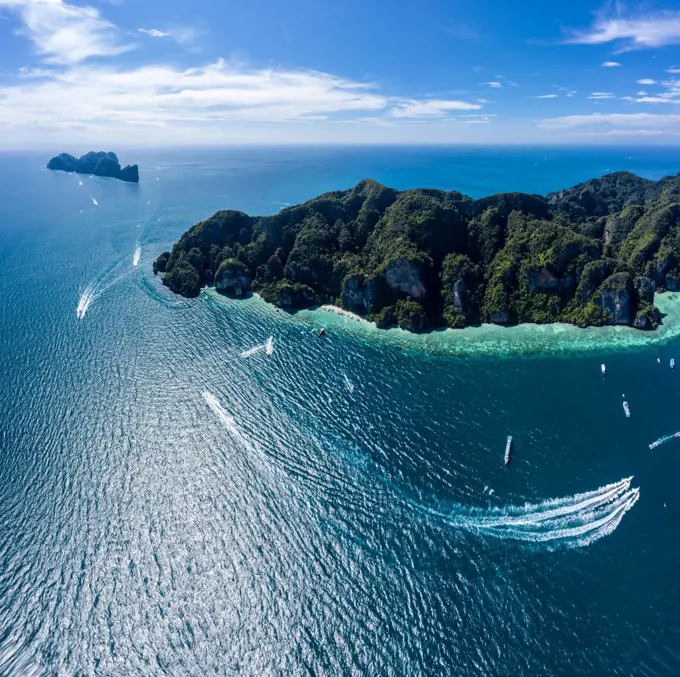 Aerial drone view of tropical turquoise water Maya Bay and limes