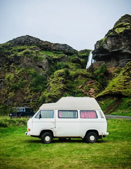 Camper van near Skógafoss aka skogafoss waterfall, Southern Iceland, Scandinavia, Europe	
