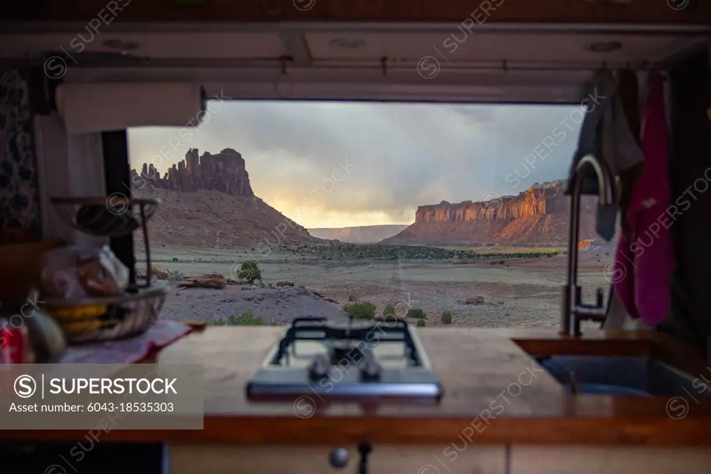 View out the window of a camper van of sunset, Indian Creek Utah