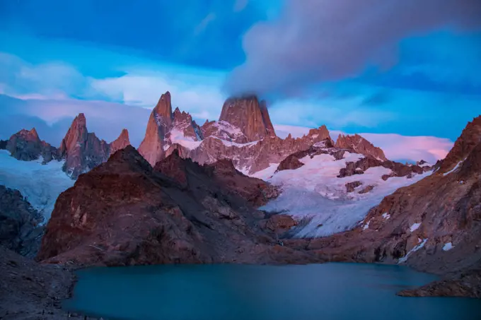 Torres del Paine mountain range at dusk, Patagonia, Chile. With snow cover.