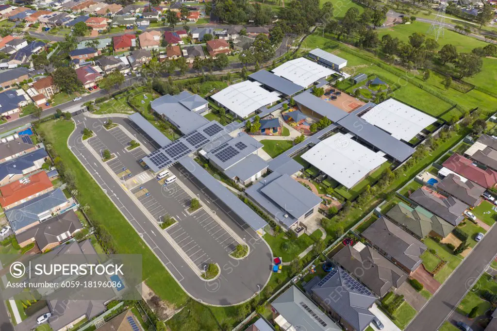 Aerial view of Fernhill School in the suburb of Glenmore Park in New South Wales in Australia
