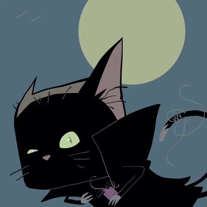 Christmas and Halloween cat looking at camera with moon behind digital illustration