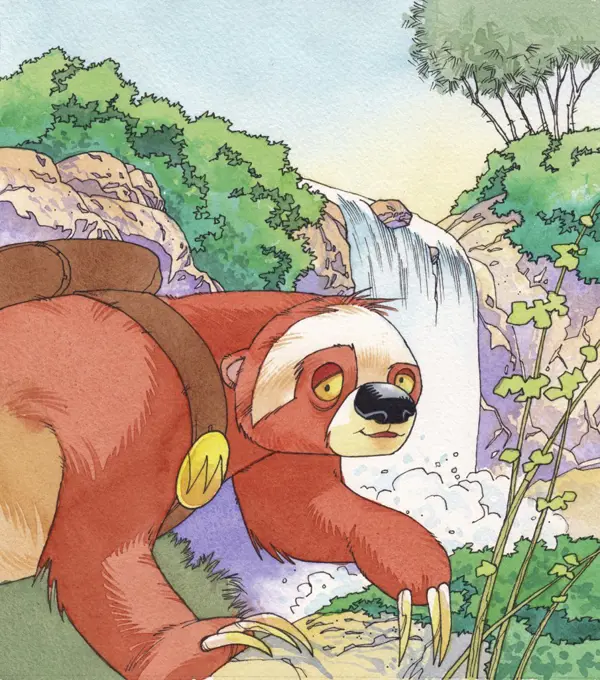 A Sloth in front of a waterfall in nature, wearing a backpack. Illustration using pen and ink with watercolour on watercolour board