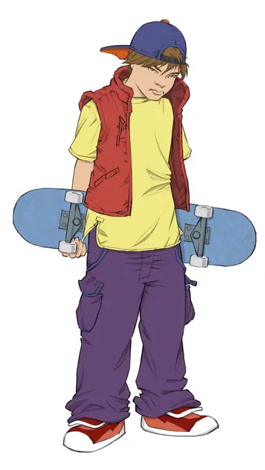 Teenage boy holding skateboard looking off with attitude