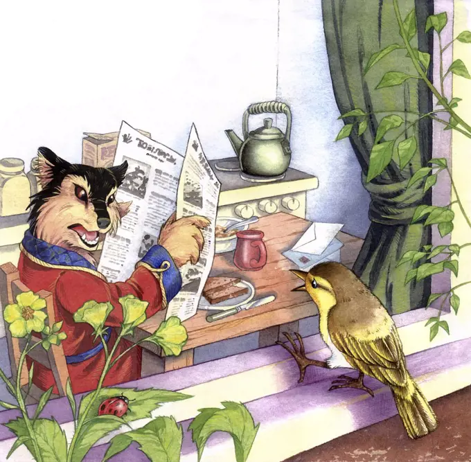 Wolf character looking at bird, while having breakfast and reading paper illustration. Watercolor and colored pencil. 