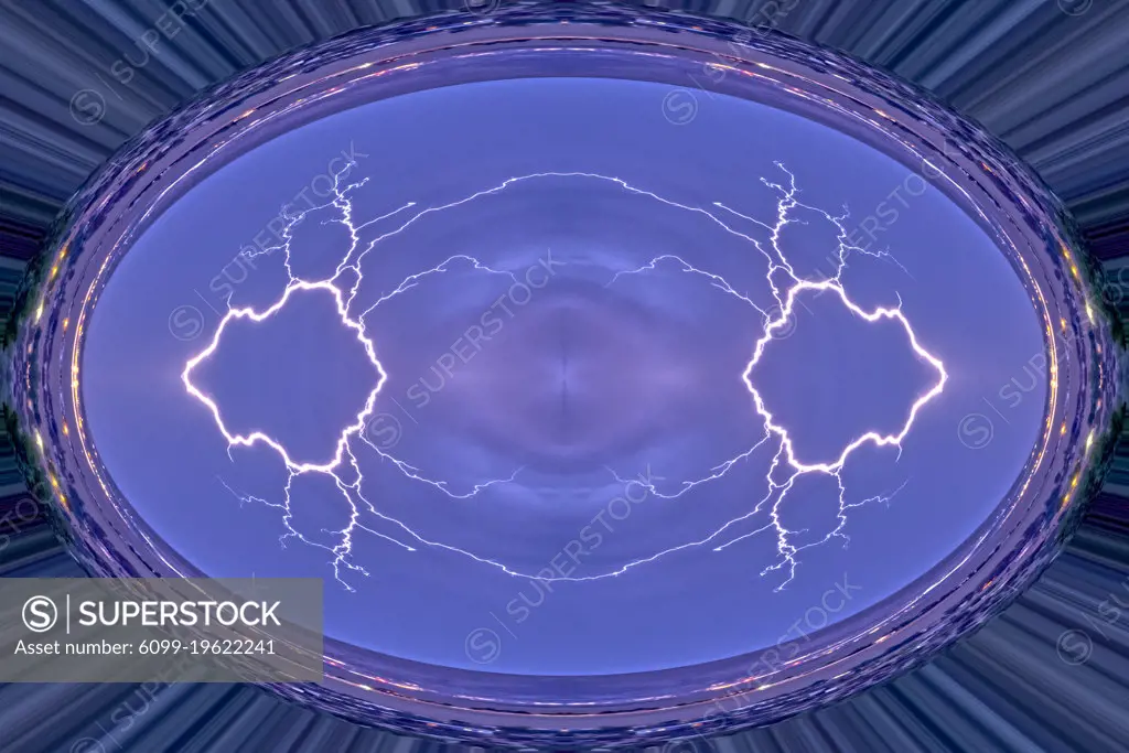 An abstract pattern depicting a portal into Hyperspace. Created by applying fractal mirroring to a lightning photo.