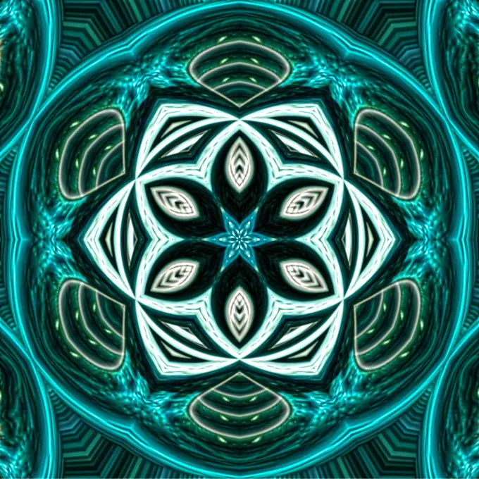 An abstract geometrical pattern created by applying fractal mirroring of a photo of an emerald jewel.