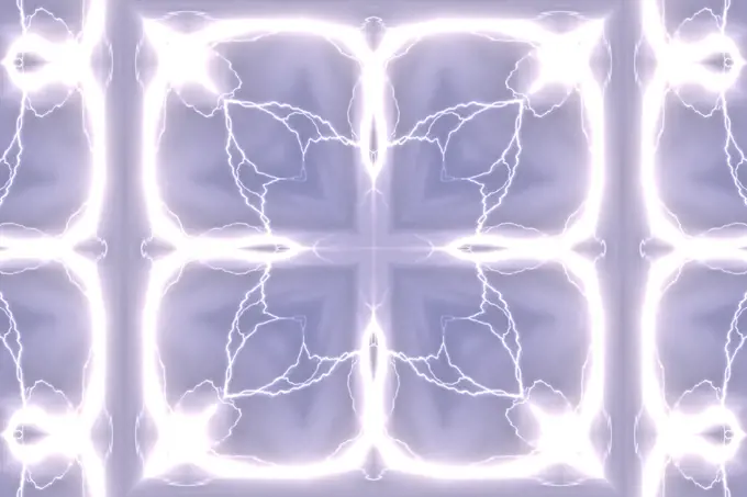 An abstract pattern made by applying fractal mirroring to a lightning photo.