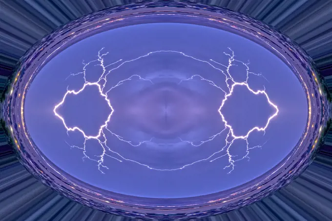 An abstract pattern depicting a portal into Hyperspace. Created by applying fractal mirroring to a lightning photo.