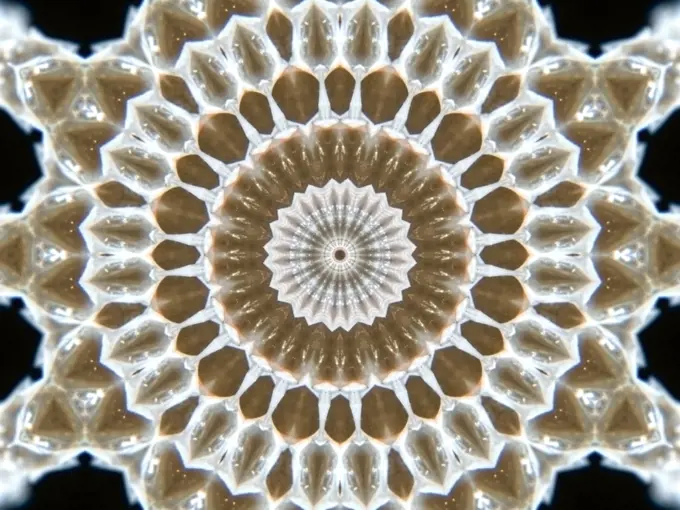 An abstract patter made from applying fractal mirroring to a photo of snake skin.