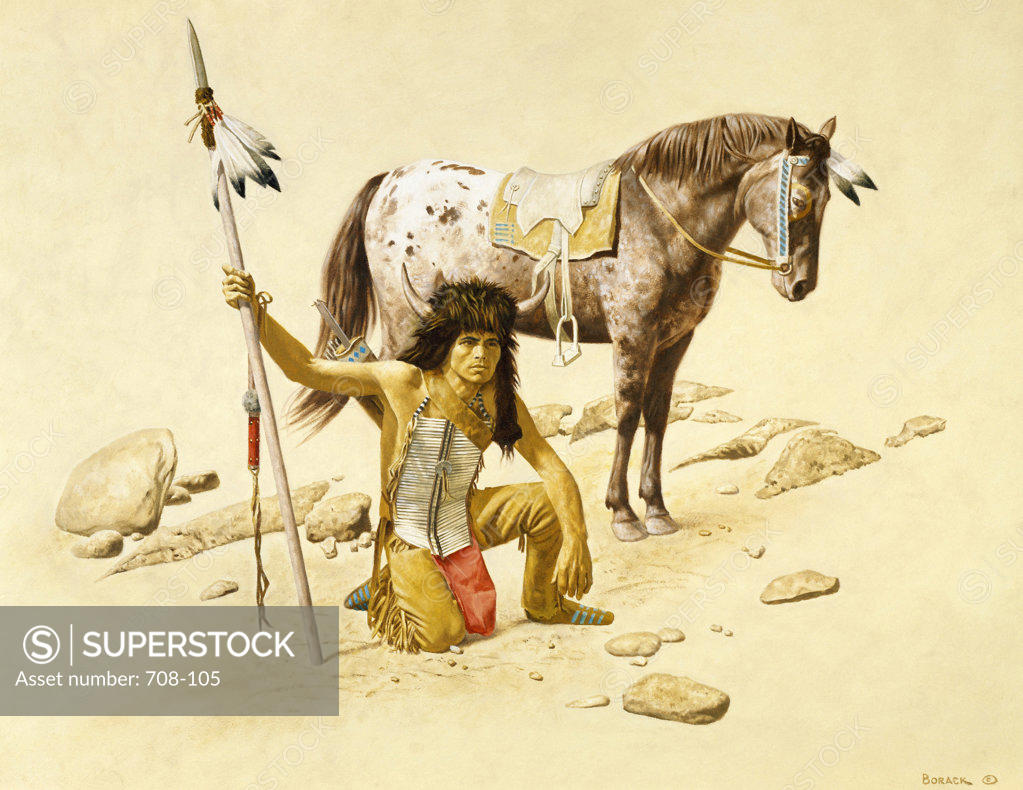 Stock Photo: 708-105 Native American Kneeling Next To His Horse  Stanley Borack (b1927/American) 