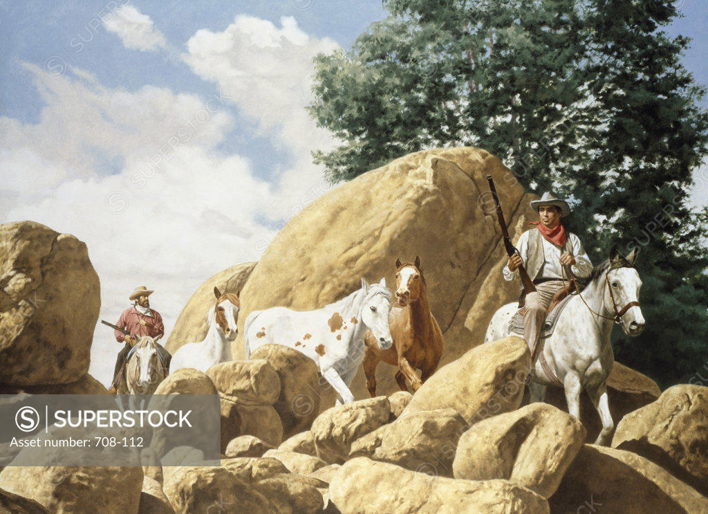 Stock Photo: 708-112 Cowboys Riding Horses Among Large Boulders  Borack, Stanley(1927- American)  