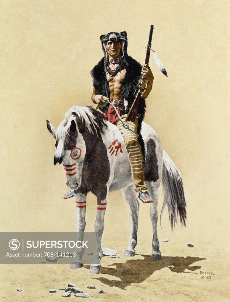 Stock Photo: 708-141213 Native American On Horseback Wearing A Bearskin  1980 Borack, Stanley(1927- American)  